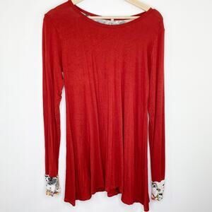 Goo Yoo Red Long Sleeve Floral Print Trim Shirt Women's Size Medium/Large M/L